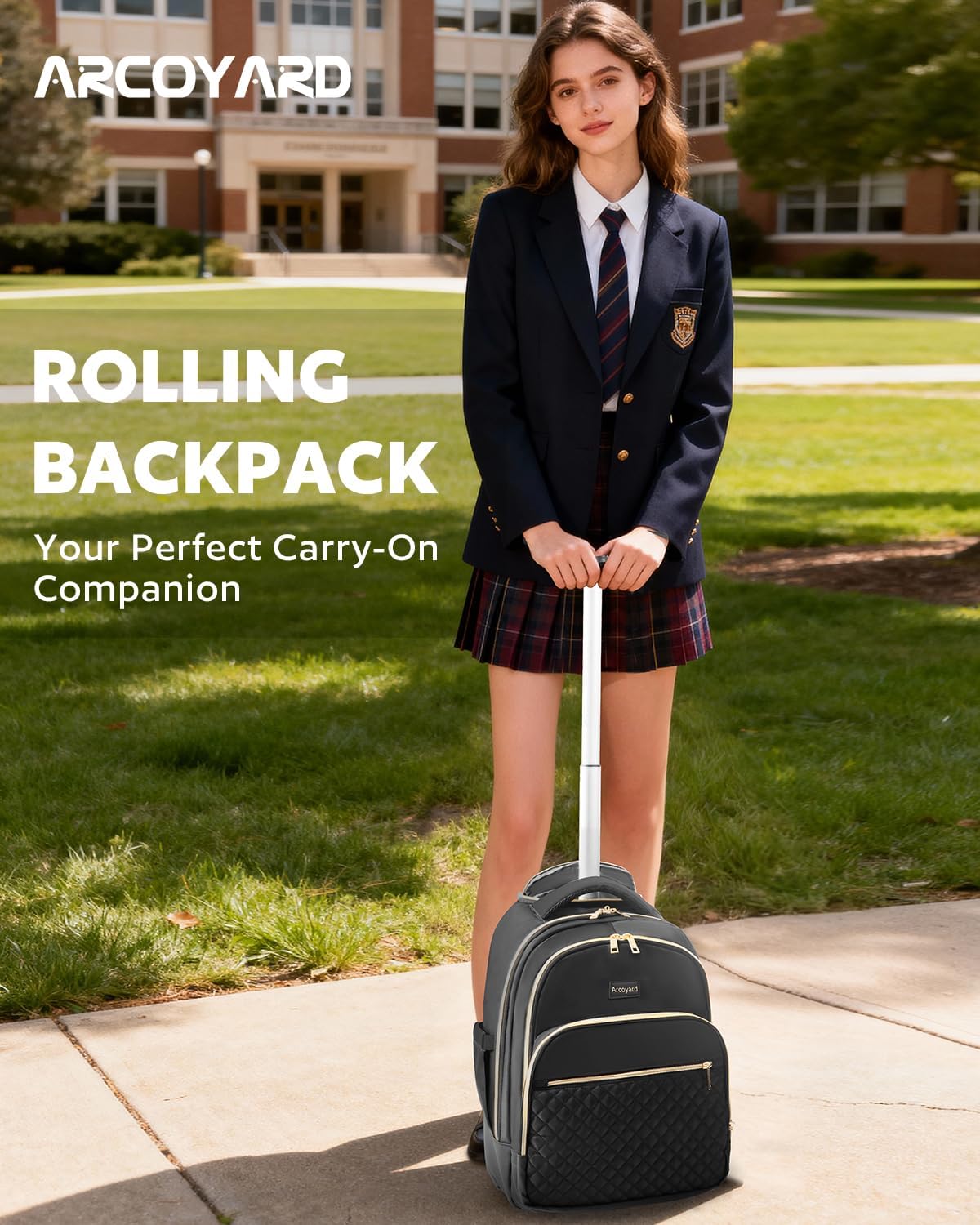 Small Rolling Backpack for Women with Wheels, Roller Laptop Travel Backpack, Lightweight Water Resistant Wheeled Underseat Carry On Luggage for Work and College, Black Purple