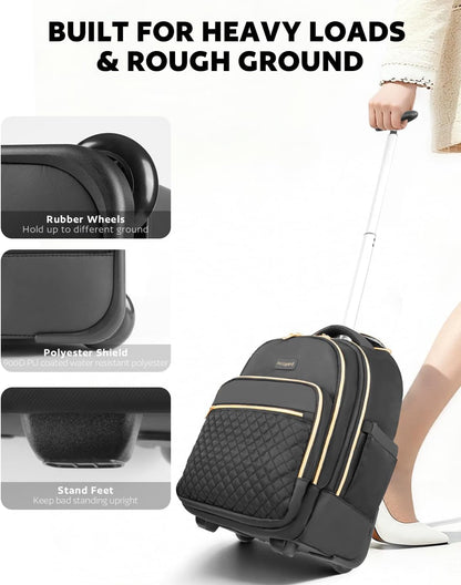 Small Rolling Backpack for Women with Wheels, Roller Laptop Travel Backpack, Lightweight Water Resistant Wheeled Underseat Carry On Luggage for Work and College, Black Purple