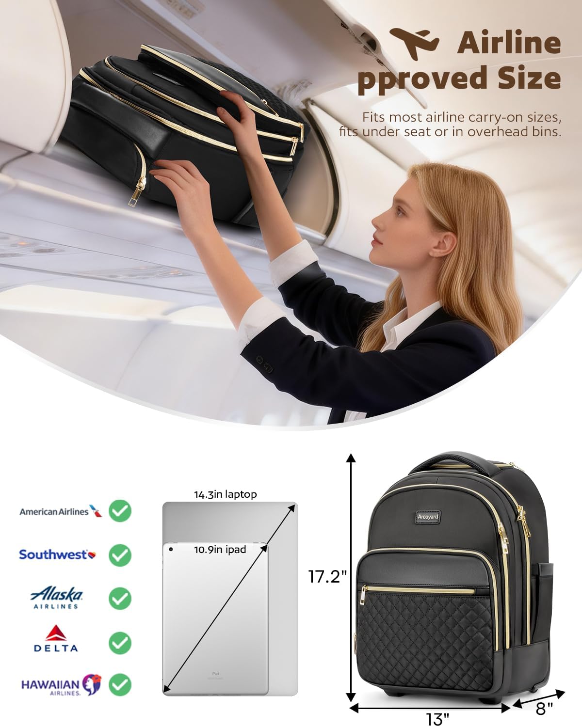 Small Rolling Backpack for Women with Wheels, Roller Laptop Travel Backpack, Lightweight Water Resistant Wheeled Underseat Carry On Luggage for Work and College, Black Purple