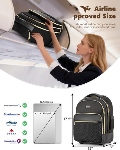 Small Rolling Backpack for Women with Wheels, Roller Laptop Travel Backpack, Lightweight Water Resistant Wheeled Underseat Carry On Luggage for Work and College, Black Purple