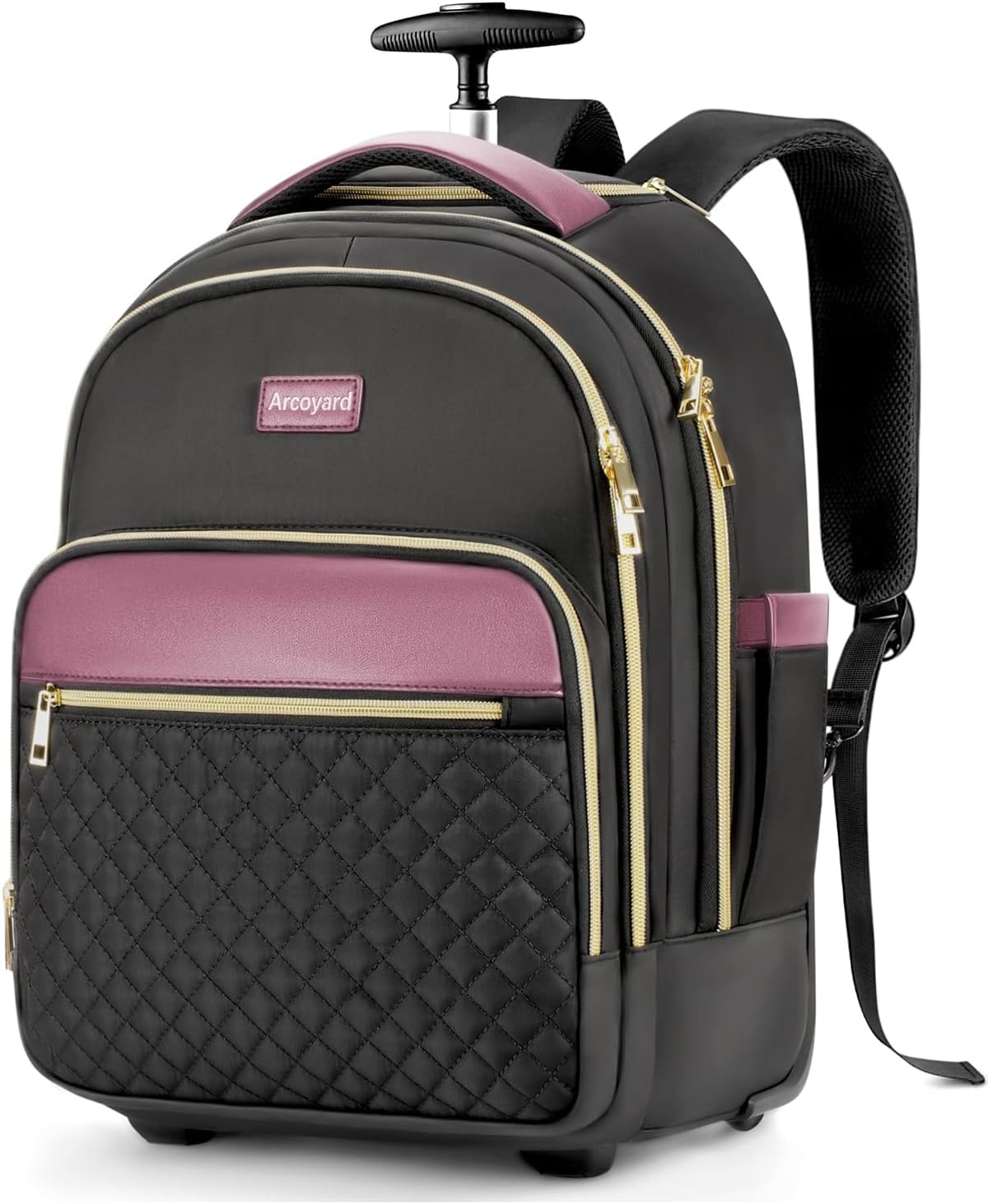 Small Rolling Backpack for Women with Wheels, Roller Laptop Travel Backpack, Lightweight Water Resistant Wheeled Underseat Carry On Luggage for Work and College, Black Purple