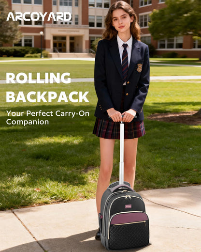 Small Rolling Backpack for Women with Wheels, Roller Laptop Travel Backpack, Lightweight Water Resistant Wheeled Underseat Carry On Luggage for Work and College, Black Purple