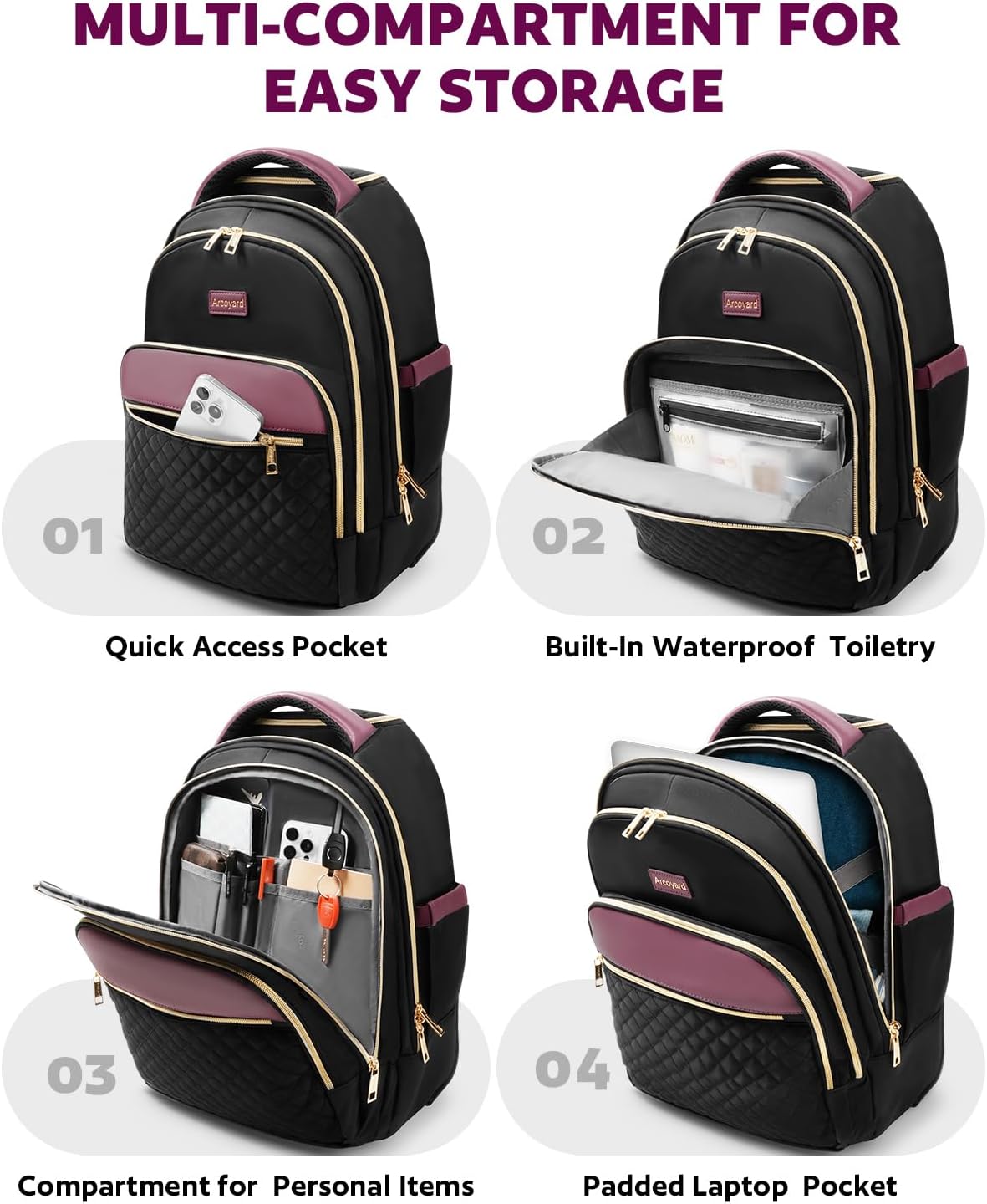 Small Rolling Backpack for Women with Wheels, Roller Laptop Travel Backpack, Lightweight Water Resistant Wheeled Underseat Carry On Luggage for Work and College, Black Purple