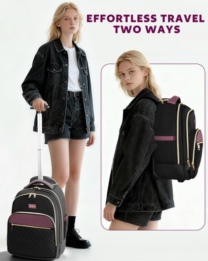 Small Rolling Backpack for Women with Wheels, Roller Laptop Travel Backpack, Lightweight Water Resistant Wheeled Underseat Carry On Luggage for Work and College, Black Purple
