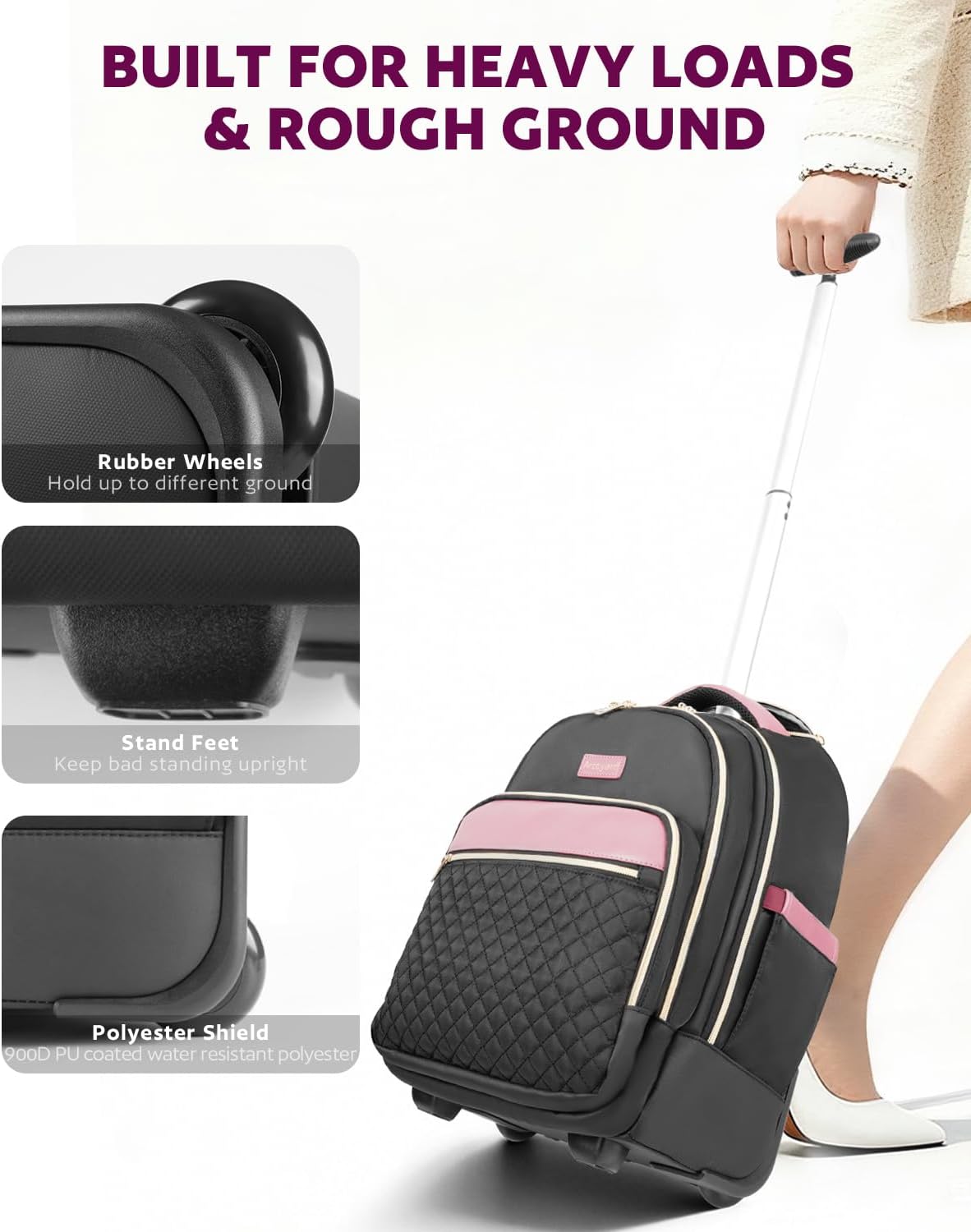 Small Rolling Backpack for Women with Wheels, Roller Laptop Travel Backpack, Lightweight Water Resistant Wheeled Underseat Carry On Luggage for Work and College, Black Purple