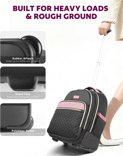Small Rolling Backpack for Women with Wheels, Roller Laptop Travel Backpack, Lightweight Water Resistant Wheeled Underseat Carry On Luggage for Work and College, Black Purple