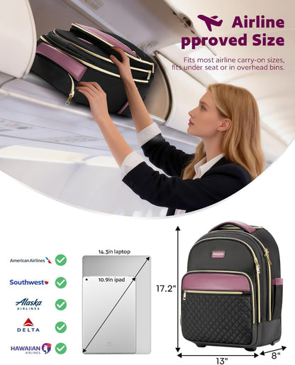 Small Rolling Backpack for Women with Wheels, Roller Laptop Travel Backpack, Lightweight Water Resistant Wheeled Underseat Carry On Luggage for Work and College, Black Purple