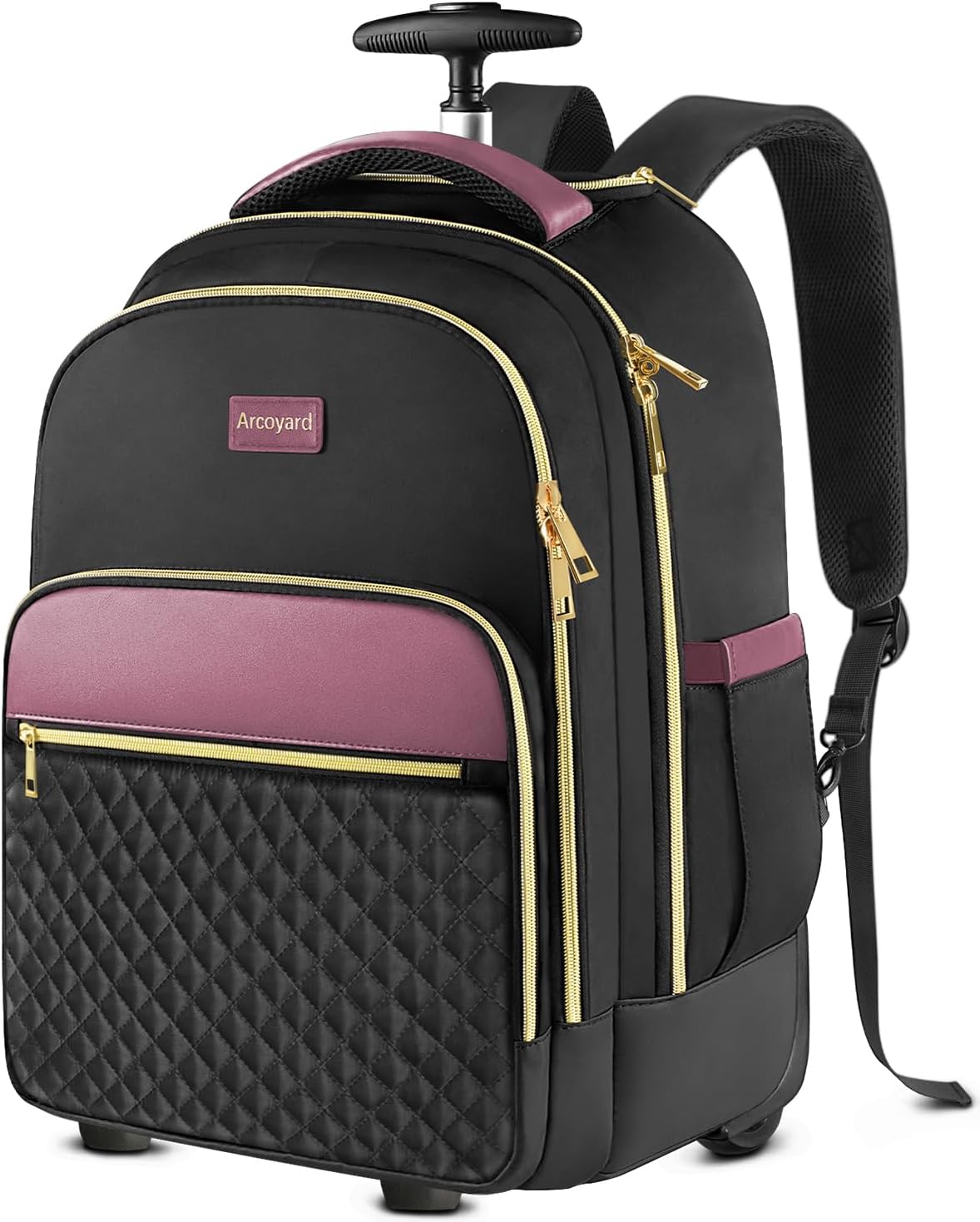 Small Rolling Backpack for Women with Wheels, Roller Laptop Travel Backpack, Lightweight Water Resistant Wheeled Underseat Carry On Luggage for Work and College, Black Purple