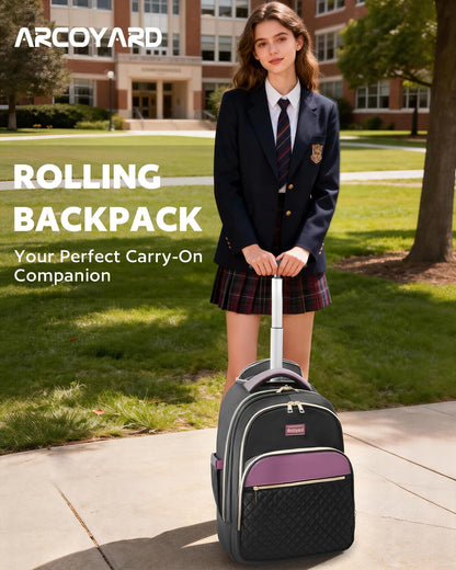 Small Rolling Backpack for Women with Wheels, Roller Laptop Travel Backpack, Lightweight Water Resistant Wheeled Underseat Carry On Luggage for Work and College, Black Purple