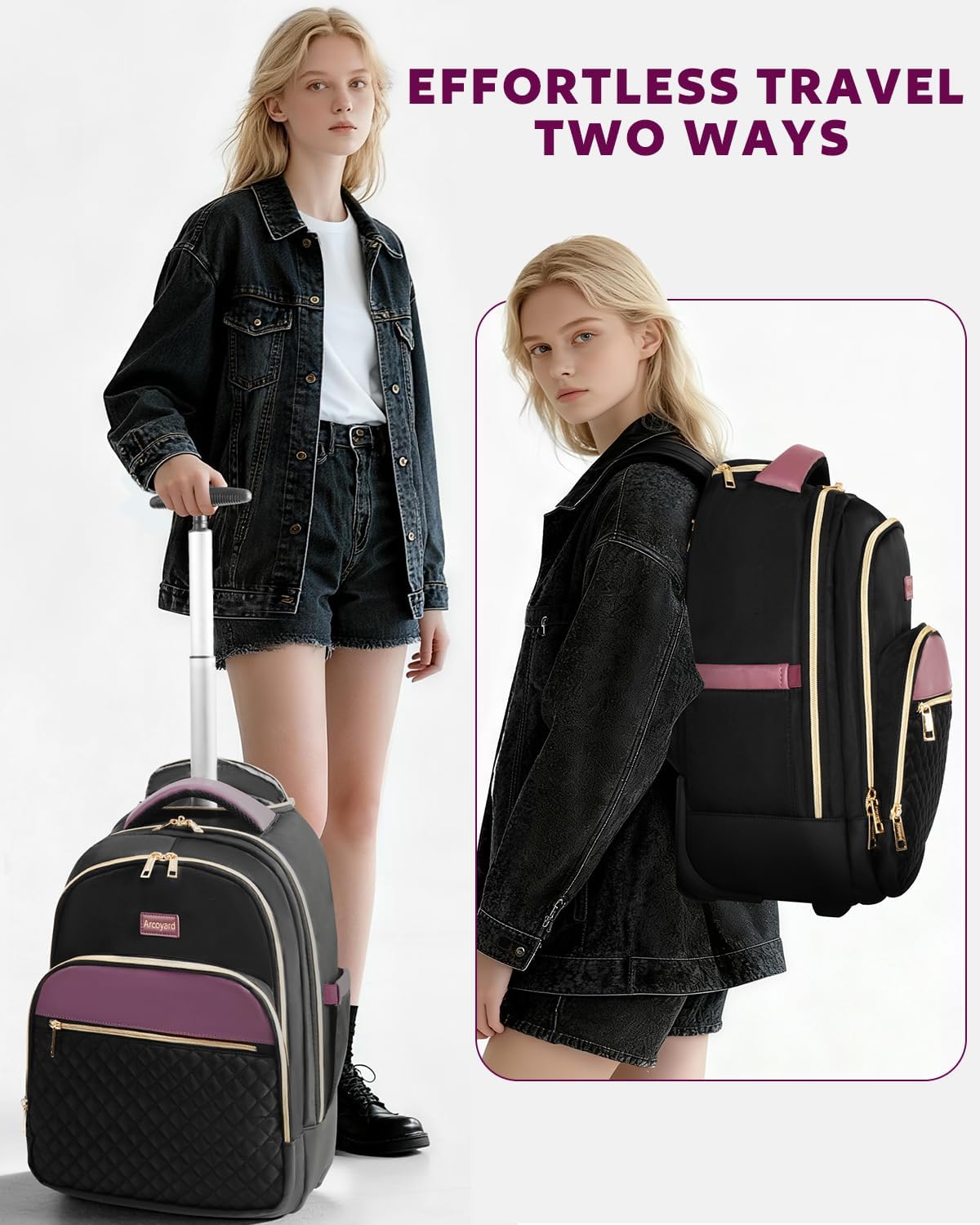 Small Rolling Backpack for Women with Wheels, Roller Laptop Travel Backpack, Lightweight Water Resistant Wheeled Underseat Carry On Luggage for Work and College, Black Purple