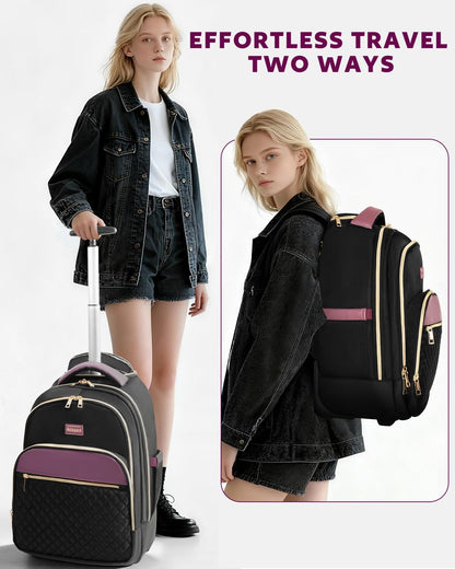 Small Rolling Backpack for Women with Wheels, Roller Laptop Travel Backpack, Lightweight Water Resistant Wheeled Underseat Carry On Luggage for Work and College, Black Purple