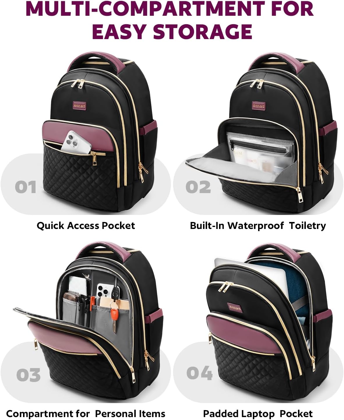 Small Rolling Backpack for Women with Wheels, Roller Laptop Travel Backpack, Lightweight Water Resistant Wheeled Underseat Carry On Luggage for Work and College, Black Purple