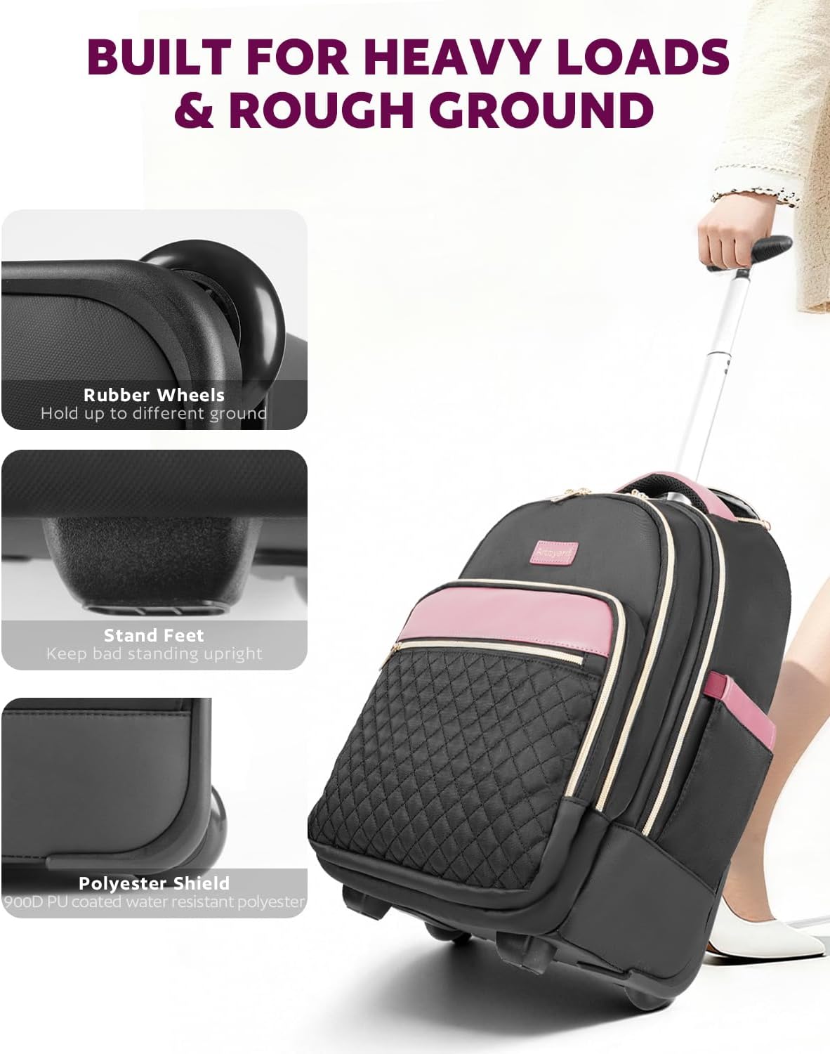 Small Rolling Backpack for Women with Wheels, Roller Laptop Travel Backpack, Lightweight Water Resistant Wheeled Underseat Carry On Luggage for Work and College, Black Purple