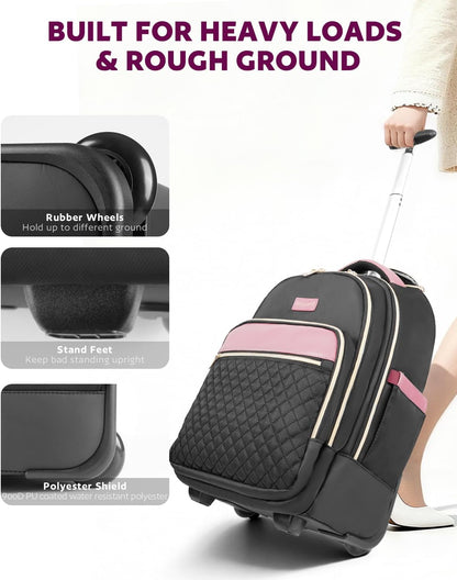 Small Rolling Backpack for Women with Wheels, Roller Laptop Travel Backpack, Lightweight Water Resistant Wheeled Underseat Carry On Luggage for Work and College, Black Purple