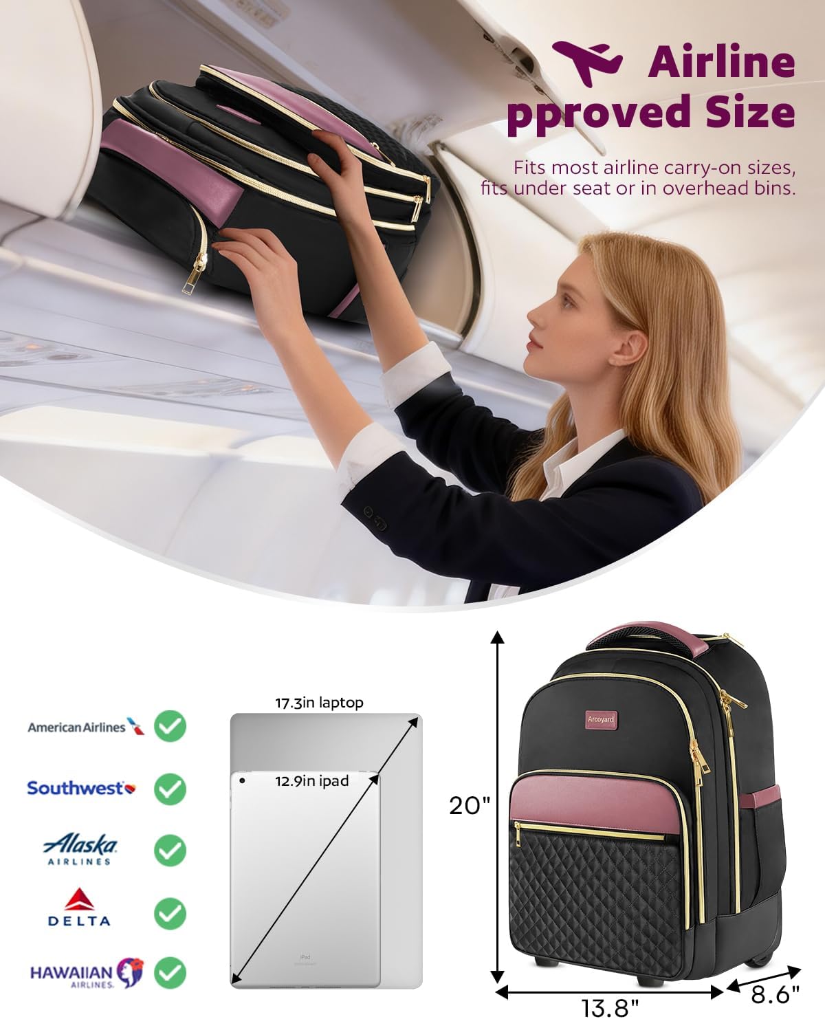 Small Rolling Backpack for Women with Wheels, Roller Laptop Travel Backpack, Lightweight Water Resistant Wheeled Underseat Carry On Luggage for Work and College, Black Purple