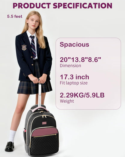Small Rolling Backpack for Women with Wheels, Roller Laptop Travel Backpack, Lightweight Water Resistant Wheeled Underseat Carry On Luggage for Work and College, Black Purple