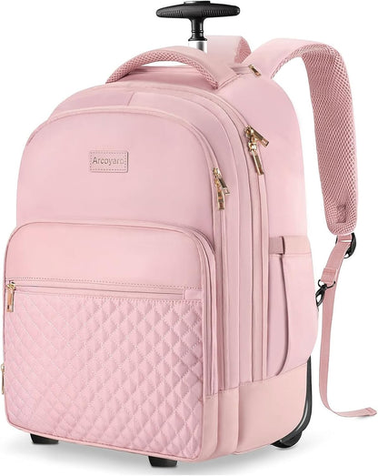 Small Rolling Backpack for Women with Wheels, Roller Laptop Travel Backpack, Lightweight Water Resistant Wheeled Underseat Carry On Luggage for Work and College, Black Purple