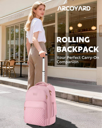 Small Rolling Backpack for Women with Wheels, Roller Laptop Travel Backpack, Lightweight Water Resistant Wheeled Underseat Carry On Luggage for Work and College, Black Purple