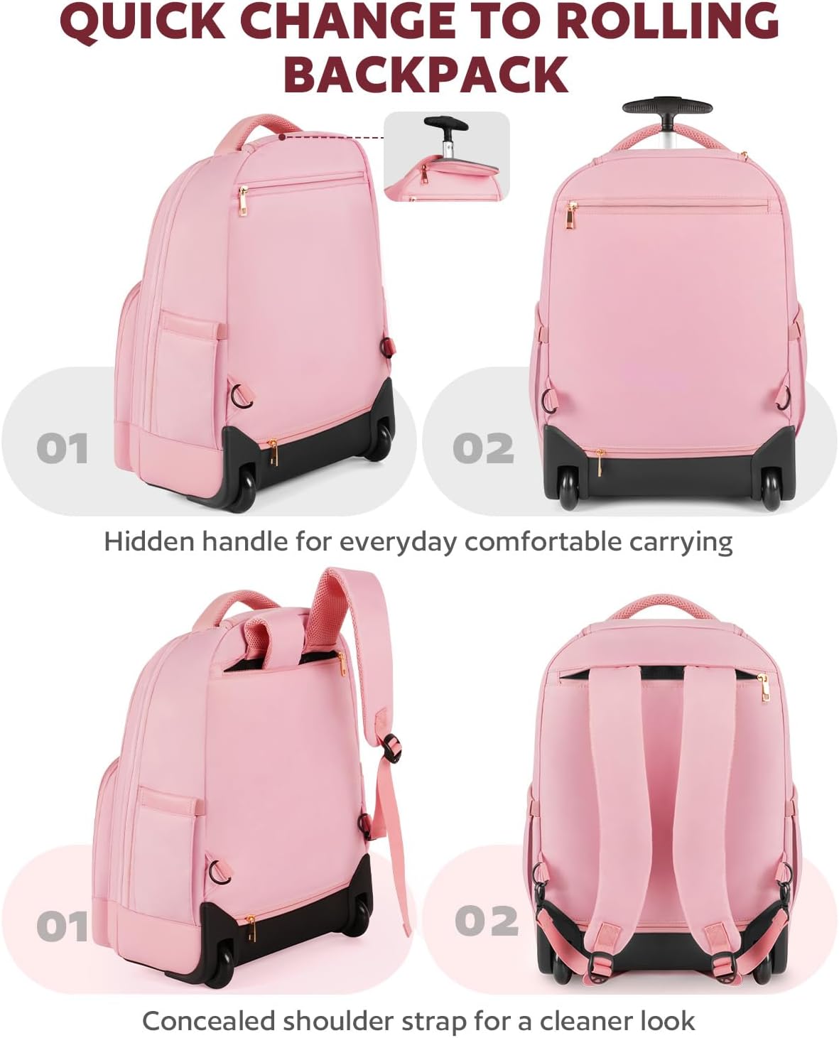 Small Rolling Backpack for Women with Wheels, Roller Laptop Travel Backpack, Lightweight Water Resistant Wheeled Underseat Carry On Luggage for Work and College, Black Purple