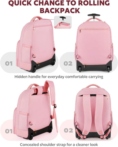 Small Rolling Backpack for Women with Wheels, Roller Laptop Travel Backpack, Lightweight Water Resistant Wheeled Underseat Carry On Luggage for Work and College, Black Purple