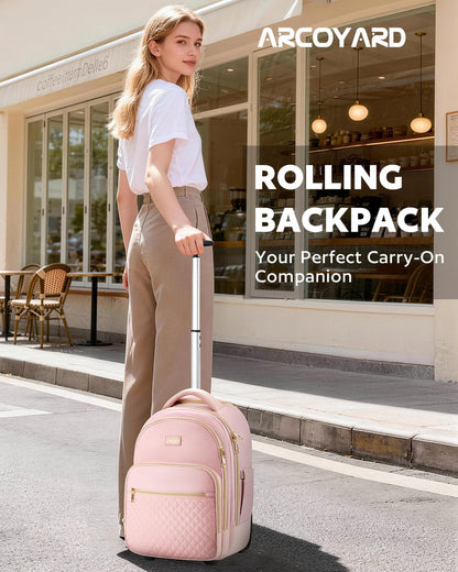 Small Rolling Backpack for Women with Wheels, Roller Laptop Travel Backpack, Lightweight Water Resistant Wheeled Underseat Carry On Luggage for Work and College, Black Purple