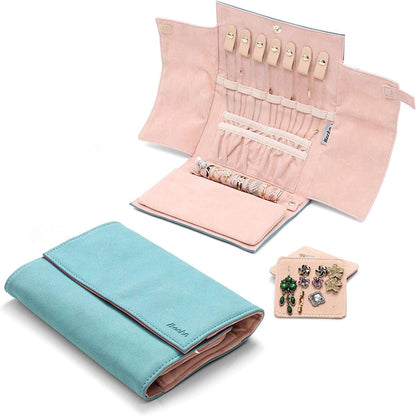 Jewelry Organizer Roll Travel Jewel Bag case for Multiple Necklaces, Rings, Bracelets, Supple Leather & Suede, Large Capacity Without Crease, Lightweight, Portable & Practical (Purple)