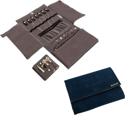 Jewelry Organizer Roll Travel Jewel Bag case for Multiple Necklaces, Rings, Bracelets, Supple Leather & Suede, Large Capacity Without Crease, Lightweight, Portable & Practical (Purple)