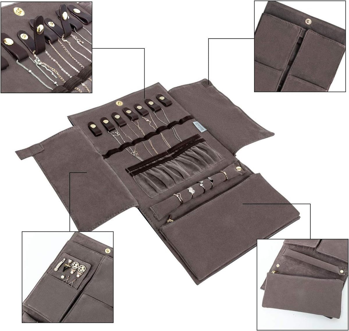 Jewelry Organizer Roll Travel Jewel Bag case for Multiple Necklaces, Rings, Bracelets, Supple Leather & Suede, Large Capacity Without Crease, Lightweight, Portable & Practical (Purple)
