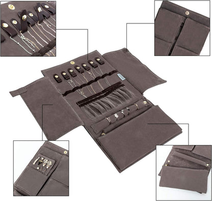 Jewelry Organizer Roll Travel Jewel Bag case for Multiple Necklaces, Rings, Bracelets, Supple Leather & Suede, Large Capacity Without Crease, Lightweight, Portable & Practical (Purple)