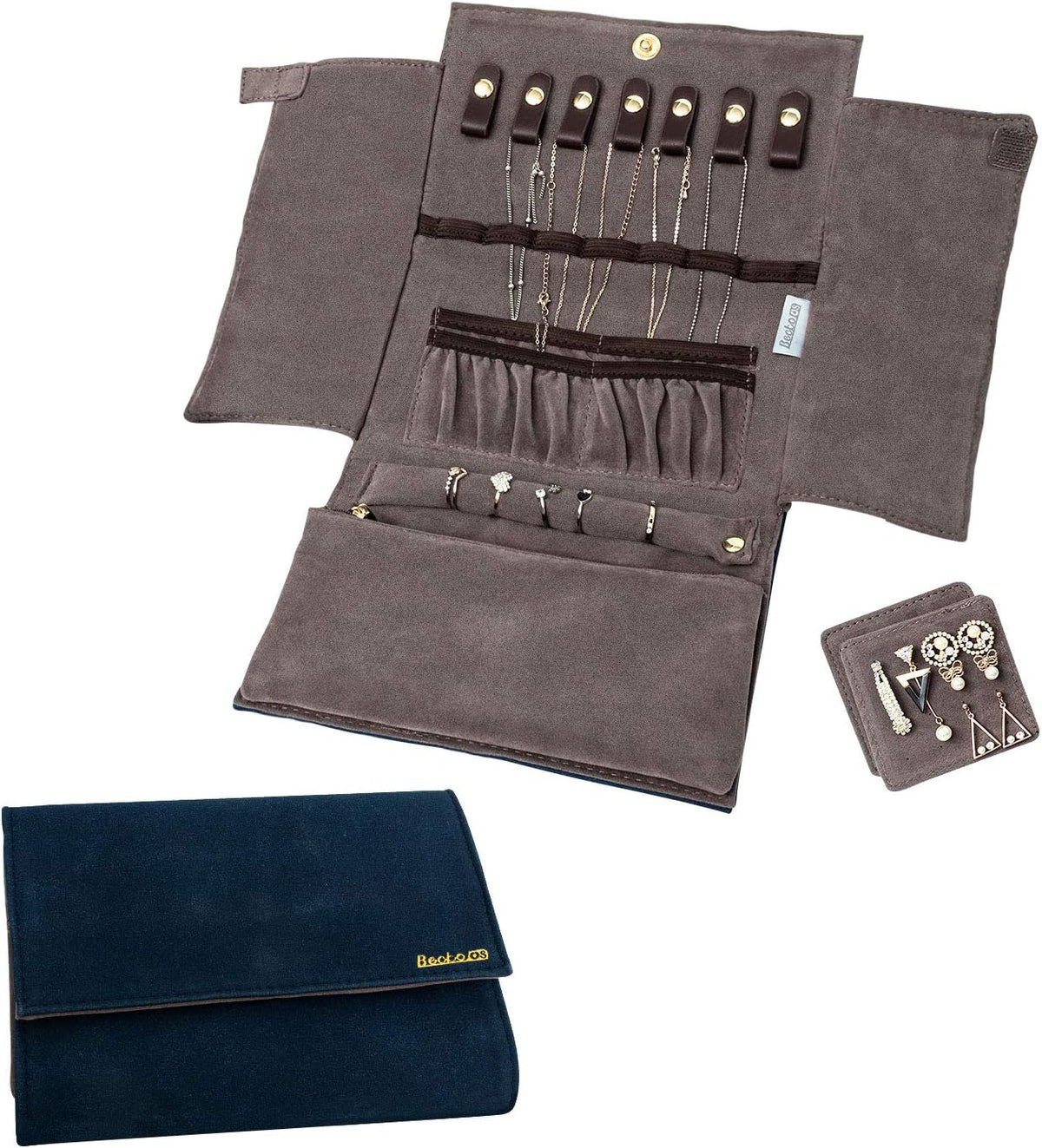 Jewelry Organizer Roll Travel Jewel Bag case for Multiple Necklaces, Rings, Bracelets, Supple Leather & Suede, Large Capacity Without Crease, Lightweight, Portable & Practical (Purple)