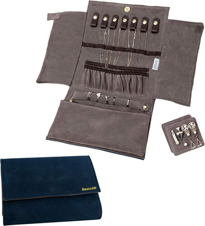 Jewelry Organizer Roll Travel Jewel Bag case for Multiple Necklaces, Rings, Bracelets, Supple Leather & Suede, Large Capacity Without Crease, Lightweight, Portable & Practical (Purple)
