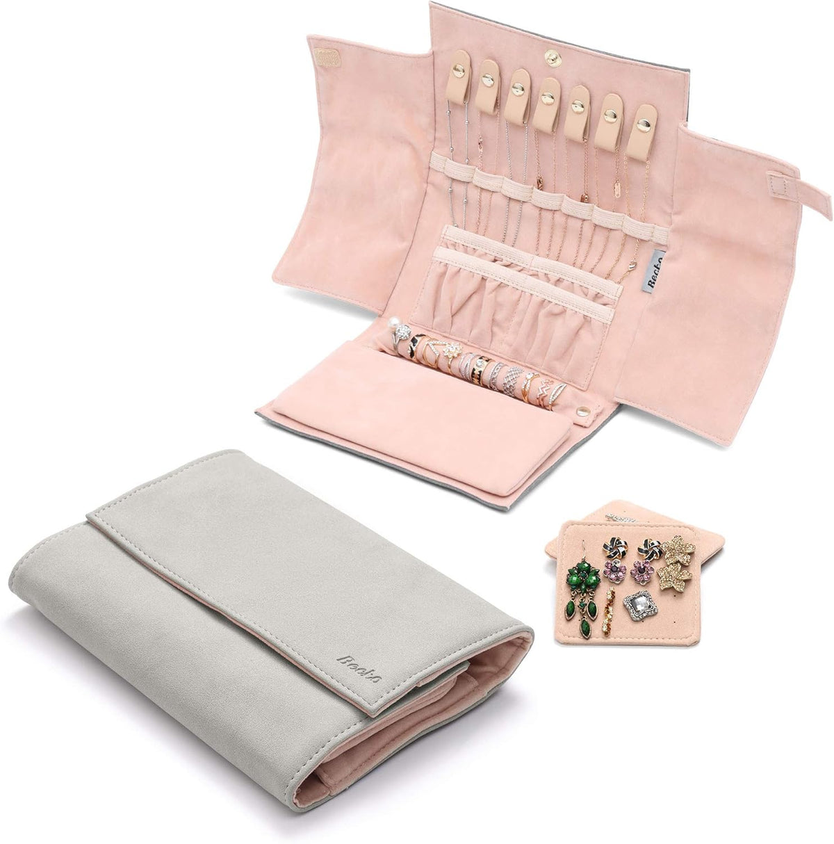 Jewelry Organizer Roll Travel Jewel Bag case for Multiple Necklaces, Rings, Bracelets, Supple Leather & Suede, Large Capacity Without Crease, Lightweight, Portable & Practical (Purple)