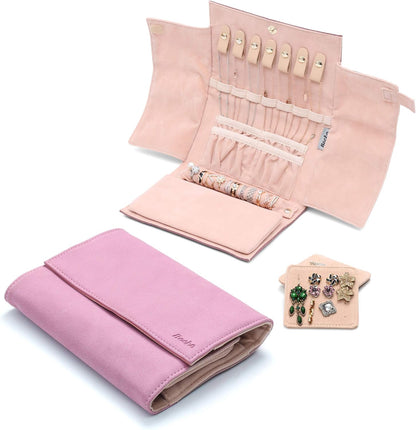 Jewelry Organizer Roll Travel Jewel Bag case for Multiple Necklaces, Rings, Bracelets, Supple Leather & Suede, Large Capacity Without Crease, Lightweight, Portable & Practical (Purple)