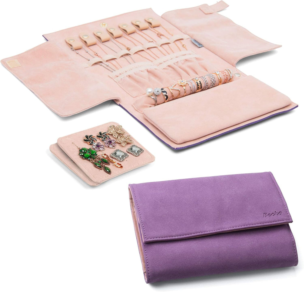 Jewelry Organizer Roll Travel Jewel Bag case for Multiple Necklaces, Rings, Bracelets, Supple Leather & Suede, Large Capacity Without Crease, Lightweight, Portable & Practical (Purple)
