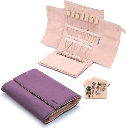 Jewelry Organizer Roll Travel Jewel Bag case for Multiple Necklaces, Rings, Bracelets, Supple Leather & Suede, Large Capacity Without Crease, Lightweight, Portable & Practical (Purple)