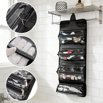 Roll Up Makeup Bag, Travel Toiletry Bag for Women with 4 Clear TSA Approved Pouches, Hanging Travel Organizer, Folding Cosmetic Bag for Men and Women