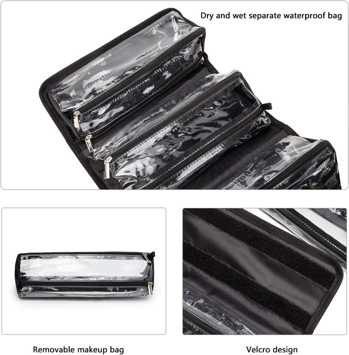 Roll Up Makeup Bag, Travel Toiletry Bag for Women with 4 Clear TSA Approved Pouches, Hanging Travel Organizer, Folding Cosmetic Bag for Men and Women