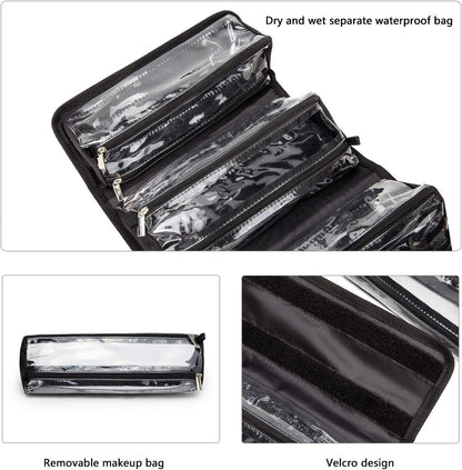 Roll Up Makeup Bag, Travel Toiletry Bag for Women with 4 Clear TSA Approved Pouches, Hanging Travel Organizer, Folding Cosmetic Bag for Men and Women
