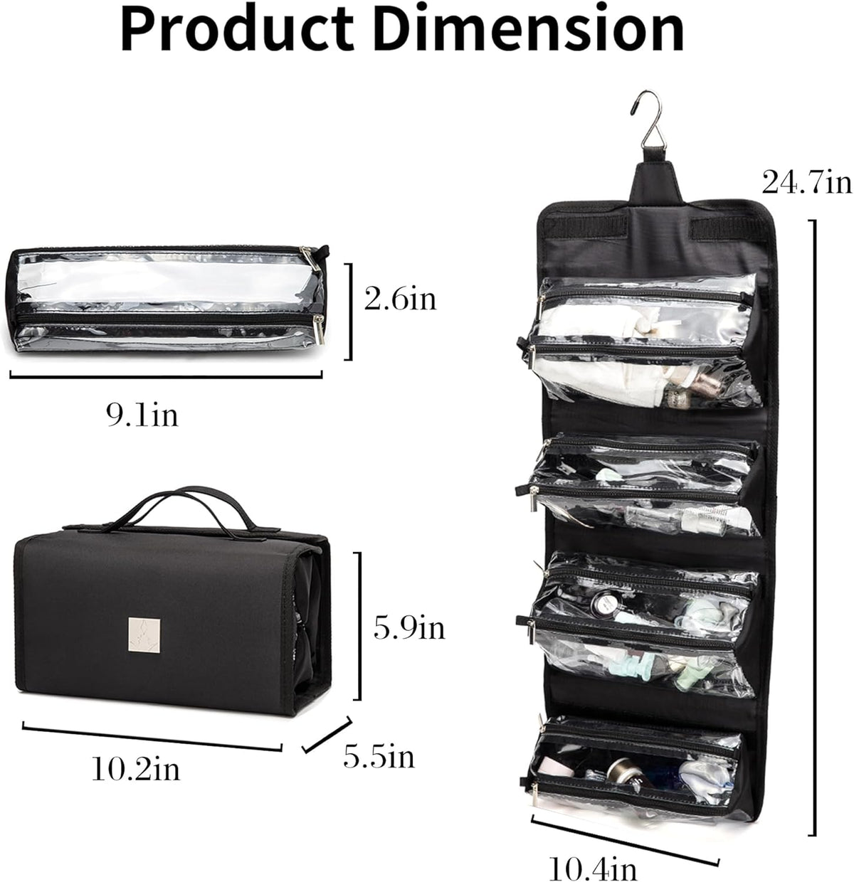Roll Up Makeup Bag, Travel Toiletry Bag for Women with 4 Clear TSA Approved Pouches, Hanging Travel Organizer, Folding Cosmetic Bag for Men and Women