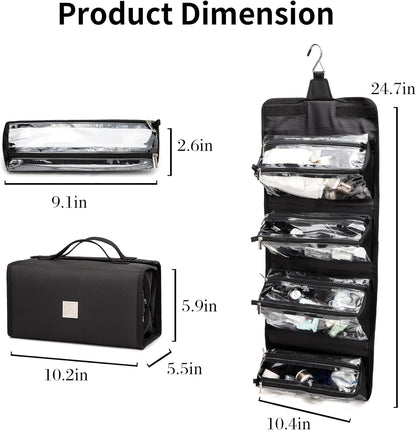 Roll Up Makeup Bag, Travel Toiletry Bag for Women with 4 Clear TSA Approved Pouches, Hanging Travel Organizer, Folding Cosmetic Bag for Men and Women