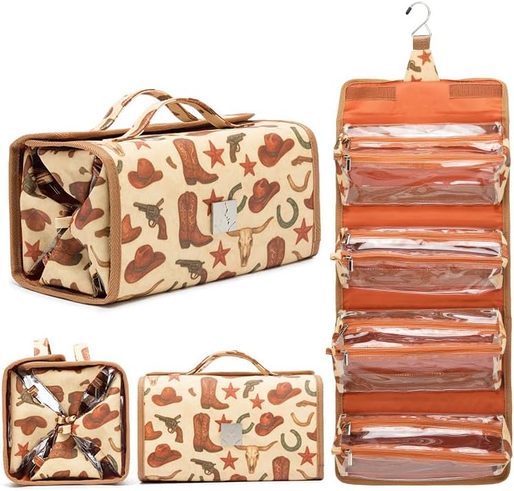 Roll Up Makeup Bag, Travel Toiletry Bag for Women with 4 Clear TSA Approved Pouches, Hanging Travel Organizer, Folding Cosmetic Bag for Men and Women