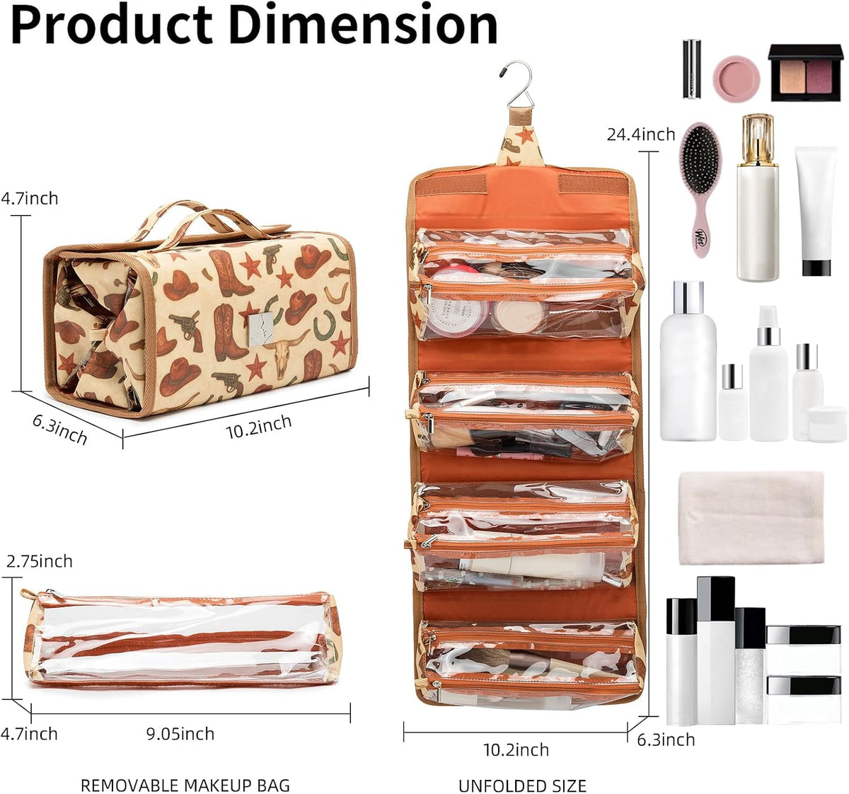 Roll Up Makeup Bag, Travel Toiletry Bag for Women with 4 Clear TSA Approved Pouches, Hanging Travel Organizer, Folding Cosmetic Bag for Men and Women