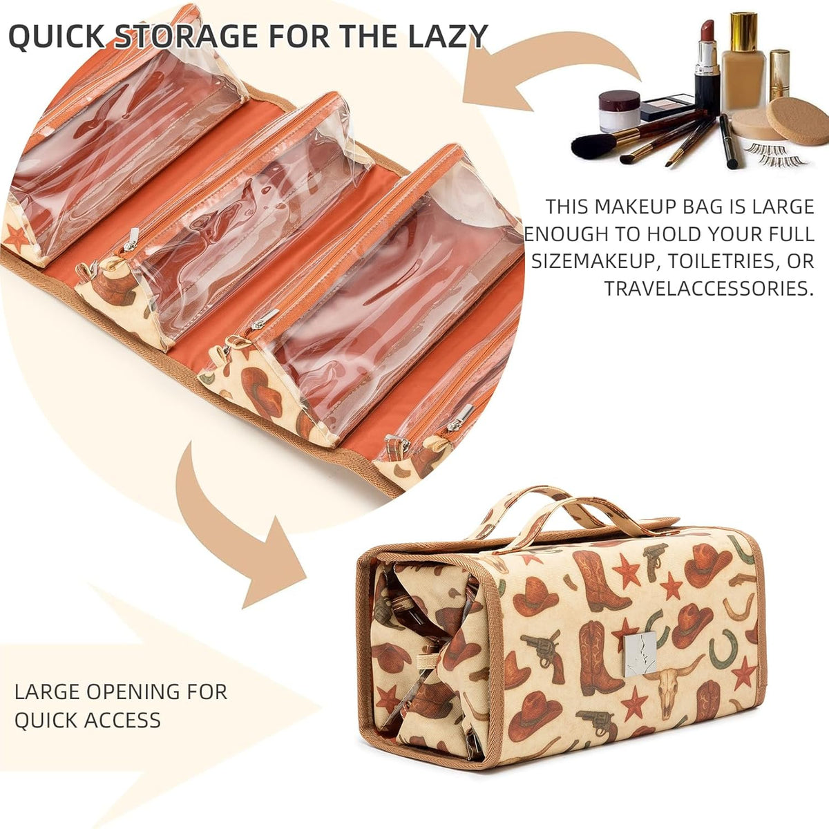 Roll Up Makeup Bag, Travel Toiletry Bag for Women with 4 Clear TSA Approved Pouches, Hanging Travel Organizer, Folding Cosmetic Bag for Men and Women