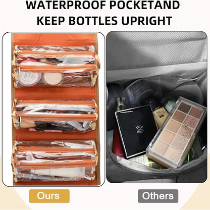Roll Up Makeup Bag, Travel Toiletry Bag for Women with 4 Clear TSA Approved Pouches, Hanging Travel Organizer, Folding Cosmetic Bag for Men and Women