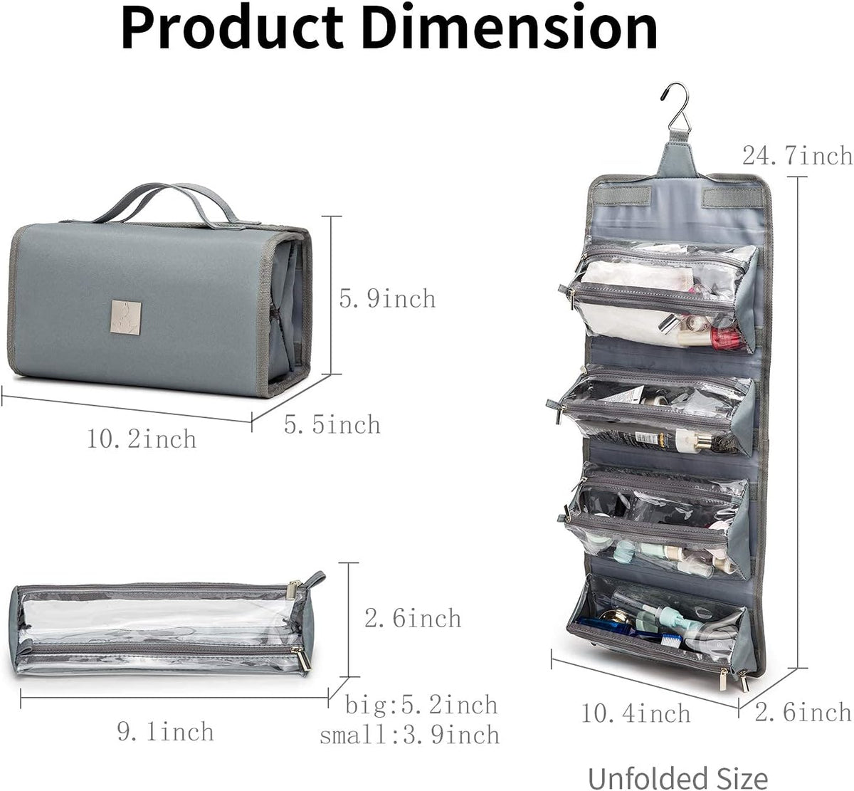 Roll Up Makeup Bag, Travel Toiletry Bag for Women with 4 Clear TSA Approved Pouches, Hanging Travel Organizer, Folding Cosmetic Bag for Men and Women