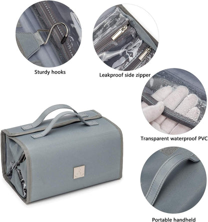 Roll Up Makeup Bag, Travel Toiletry Bag for Women with 4 Clear TSA Approved Pouches, Hanging Travel Organizer, Folding Cosmetic Bag for Men and Women