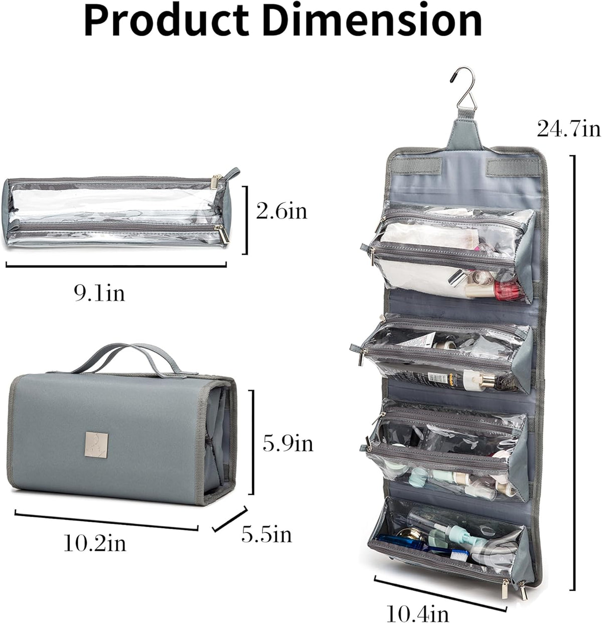Roll Up Makeup Bag, Travel Toiletry Bag for Women with 4 Clear TSA Approved Pouches, Hanging Travel Organizer, Folding Cosmetic Bag for Men and Women