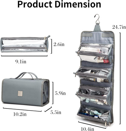 Roll Up Makeup Bag, Travel Toiletry Bag for Women with 4 Clear TSA Approved Pouches, Hanging Travel Organizer, Folding Cosmetic Bag for Men and Women