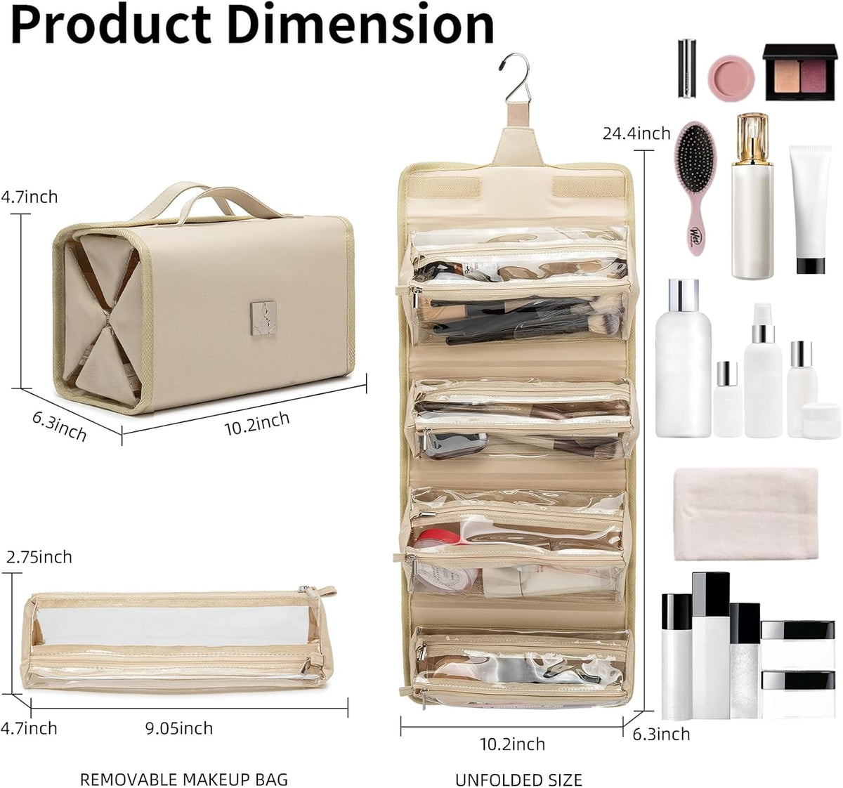 Roll Up Makeup Bag, Travel Toiletry Bag for Women with 4 Clear TSA Approved Pouches, Hanging Travel Organizer, Folding Cosmetic Bag for Men and Women