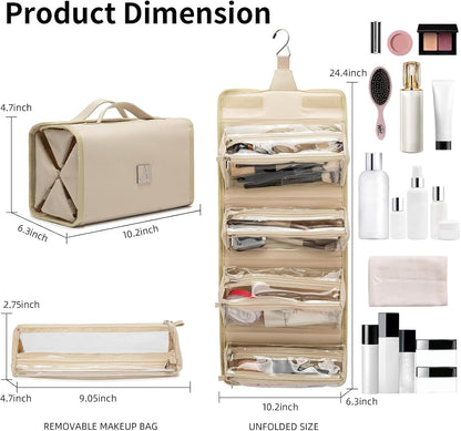 Roll Up Makeup Bag, Travel Toiletry Bag for Women with 4 Clear TSA Approved Pouches, Hanging Travel Organizer, Folding Cosmetic Bag for Men and Women
